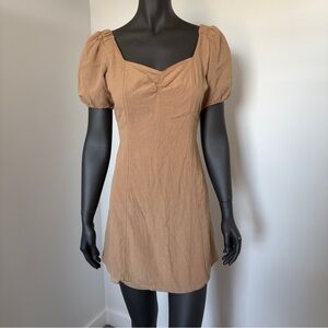 🌿 Japna Brown Puff Sleeve Mini Dress with Open Back Tie – Size S